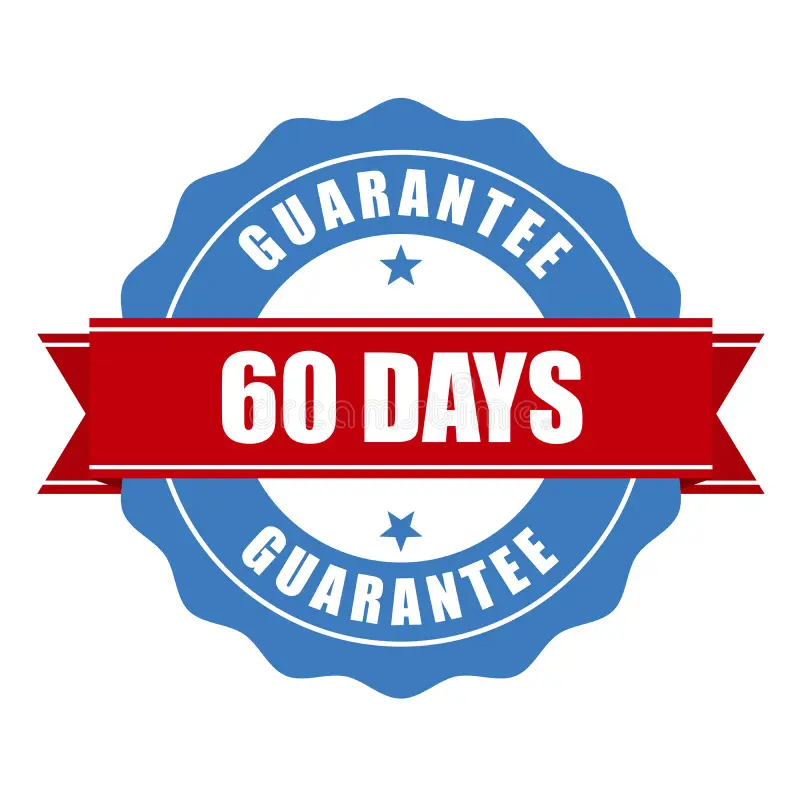 Risk-free 60-day satisfaction guarantee stamp ensuring a full financial refund if unsatisfied with results.